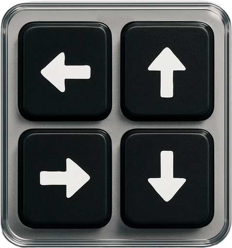 Photorealistic transparent rectange dj deck sample buttons with black rounded corners, front view. White Left, Right, Up, Down arrows, next to each other, front view