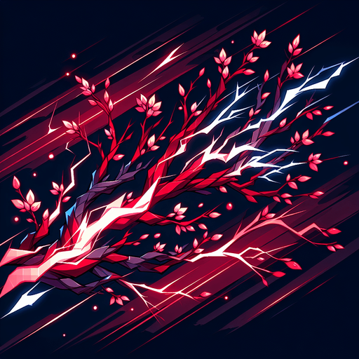 horizontal branch of red light thunder anime style.
Single Game Texture.  In-Game asset.  2d.  Blank background.  High contrast.  No shadows