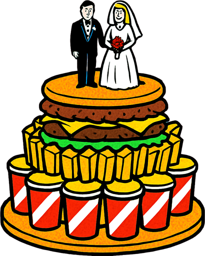 90s comic book style fast food style wedding cake.
In-Game asset.  2d.  High contrast.  No shadows