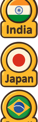 A flat, 2D game UI-style asset showing a vertical set of three country pins labeled: "India", "Japan", and "Brazil". Each pin includes a circular flag icon above the text label. The layout is columnar, cartoonish, and visually clean. Each pin should be exportable or usable individually for a mobile game's level selection screen..
In-Game asset.  2d.  High contrast.  No shadows