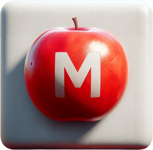 white " (M" on a red apple.
Single Game Texture. In-Game asset. 2d. Blank background. High contrast. No shadows.