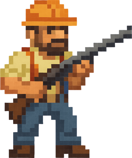 un hombre obrero hecho con pixeles de cuerpo completo sosteniendo un arma