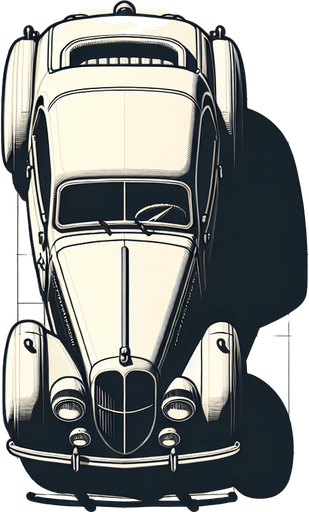 generate a picture of a classic car. view from top. Vertical direction Single Game Texture. In-Game asset. 2d. Blank background. High contrast. No shadows.
