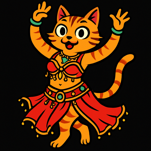 dansöz kıyafetli ayakta duran elleri havada dans eden bir kedi.
In-Game asset.  2d.  High contrast.  No shadows