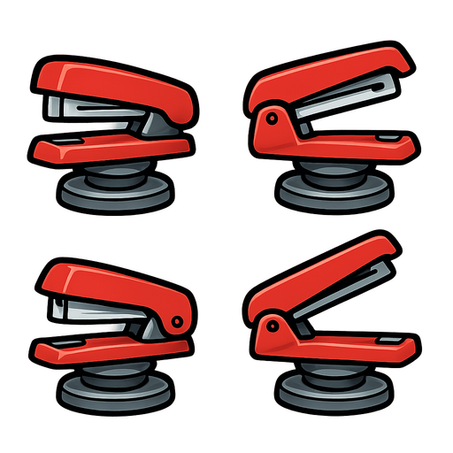 Stapler Turret Sprite Sheet: An office stapler mounted on a simple rotating base images show it opening and closing..
In-Game asset.  2d.  High contrast.  No shadows