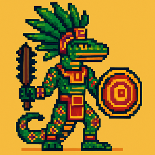 Generame un guerrero azteca con patrones, estilo pixelar, ademas sera un Serpiente sabanera humanoide.
In-Game asset.  2d.  High contrast.  No shadows