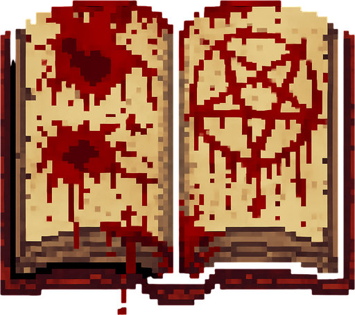 an open book with blood, terrifying pixel art.
In-Game asset.  2d.  High contrast.  No shadows
