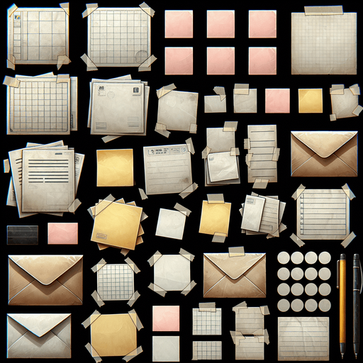 stick on papers and envelops.
Single Game Texture. In-Game asset. 2d. Blank background. High contrast. No shadows.
