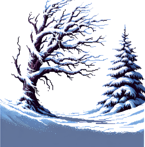 pixel art of a dead tree covered in snow. Single Game Texture. In-Game asset. 2d. Blank background. High contrast. No shadows.