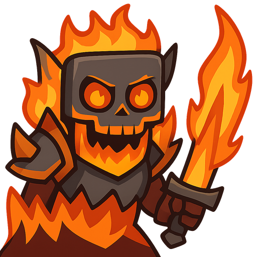 Alevli bir iskelet boss zırhı olsun ve alevli bir silahı olsun. No background. Transparent background. Blank background. No shadows. 2d. In-Game asset. flat