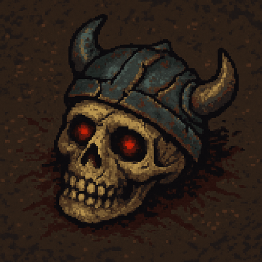 “Top-down 2D pixel art of a severed skeleton head wearing a damaged metal helmet. The skull is cracked and aged, with glowing red eyes still faintly lit. The barberian helmet is dented, rusty, and slightly misaligned on the skull. The head lies on the ground, surrounded by scratches, dust, or dried blood. Designed as a dark fantasy game sprite or environmental detail.”.
In-Game asset.  2d.  High contrast.  No shadows