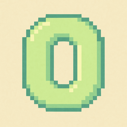 A pixel art number "0" designed for a cozy, cute retro 2D game UI with a bird theme. The number is rendered in soft pastel light green tones to harmonize with the gentle and sweet aesthetic of the game. It has a clean, simple, and rounded pixel style with no harsh edges, fitting perfectly within the pixel art UI style. The number is bold and easily readable at small sizes..
In-Game asset.  2d.  High contrast.  No shadows. pixel art. retro. 2d ui. number. pastel light green. simple. rounded edges. bold. cute. minimal