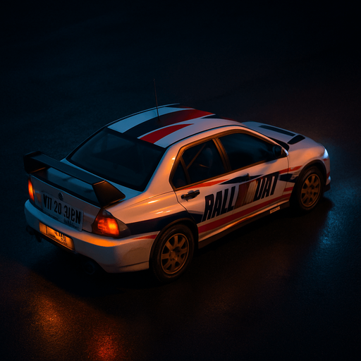 Photorealistic Mitsubishi Lancer Evolution Rallycar in nightlight, drone topview from back and 45 degrees angle in top right corner