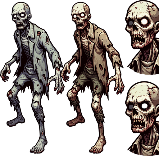 animation zombie.
Single Game Texture. In-Game asset. 2d. Blank background. High contrast. No shadows.