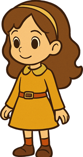 Cute little10yo girl brown hair in professor Layton game style.
In-Game asset.  2d.  High contrast.  No shadows