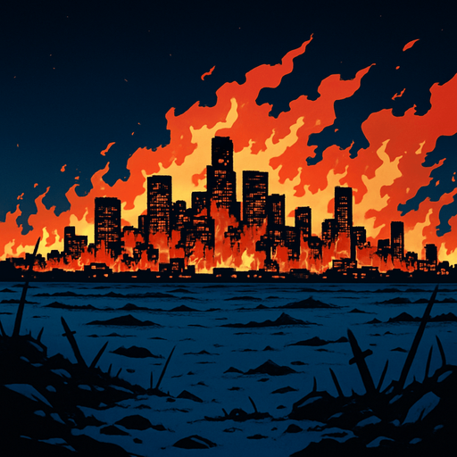 anime image style battlefield plains. on this distance as lost angeles burning city at night
In-Game asset.  2d.  High contrast.  No shadows