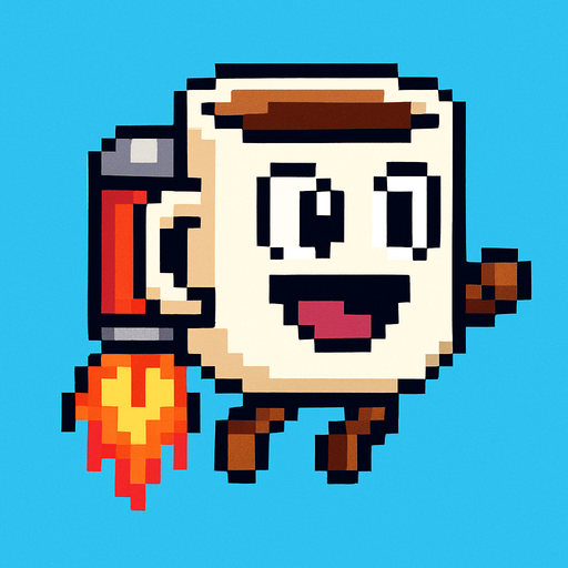 una tasa de cafe caricaturesca de pixeles con un jet pak.
In-Game asset.  2d.  High contrast.  No shadows