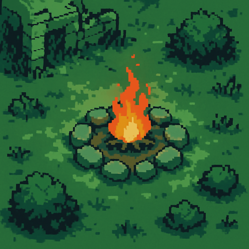 A post-apocalyptic green forest area with a campfire in the middle and stones around it,pixel art,less pixel,some bushes around.
In-Game asset.  2d.  High contrast.  No shadows. Pixel art
(View from above)