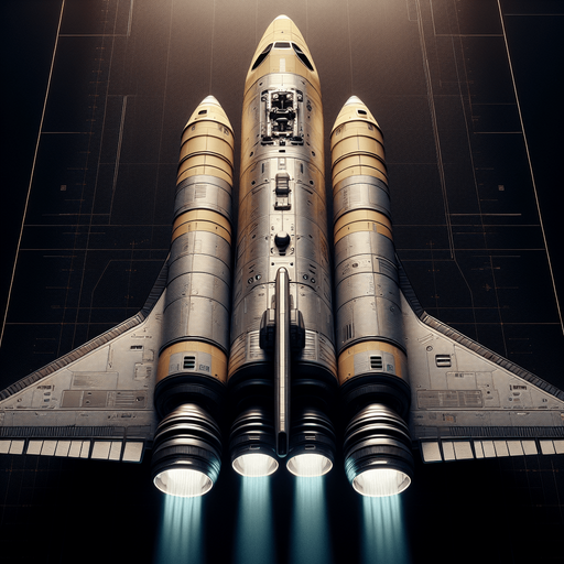 Create a highly detailed image of a space shuttle top view with no angel soaring through deep space. The shuttle should have a sleek, aerodynamic design with visible engines emitting a faint blue glow. It should feature realistic textures, metallic surfaces, and visible symbols. Make the shuttle color Yellowish. Make it straight going forward.
Single Game Texture. In-Game asset. 2d. Blank background. High contrast. No shadows.