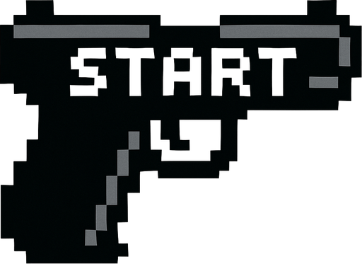 una pistola negra hecha con pixeles que diga start en medio
In-Game asset.  2d.  High contrast.  No shadows