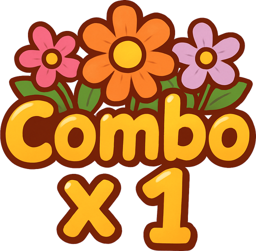 Un Texto que diga "Combo x 1"
En una forma alegre y con algunas flores de fondo detras de la palabra combo..
In-Game asset.  High contrast. cute. 2d. no shadow. transparent background. no white background