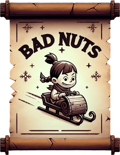 a pergament letter with the name "Bad Nuts". It has a evil looking little girl brat with a ponytail on a sledge on it. vertical. Single Game Texture. In-Game asset. 2d. Blank background. High contrast. No shadows.