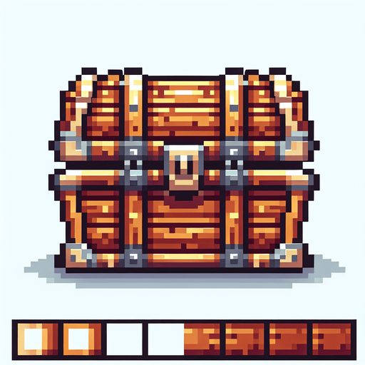 A wooden treasure chest.  Front view. Pixel art..
Single Game Texture.  In-Game asset.  2d.  Blank background.  High contrast.  No shadows