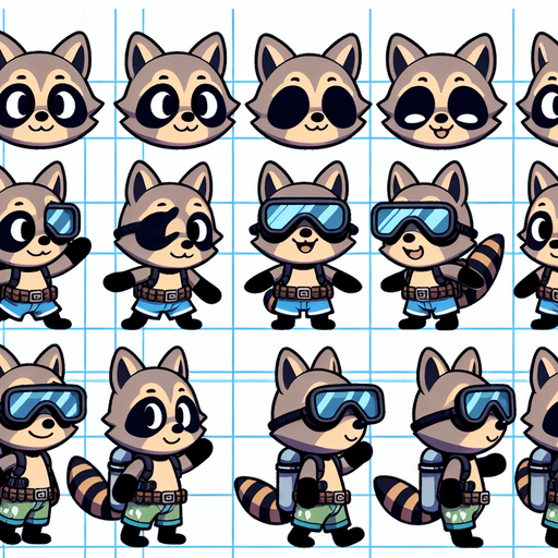 A spritesheet with a number of poses of a cartoonish raccon cub in scuba gear, smiling, walking, waiting, standing, ordering, turning, etc. all seen from the side.The spritesheet should be laid out in a rectangular grid with clear space between each individual sprite. Each sprite in the sheet should be around 300x600 pixels in size..
Single Game Texture. In-Game asset. 2d. Blank background. High contrast. No shadows.