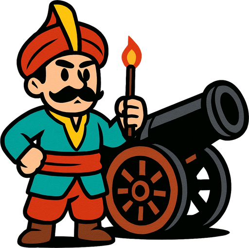 Animasyon çizgi dizi tarzında osmanlı topçusu ekle bu askerin yanında savaş topuda olsun.
In-Game asset.  2d.  High contrast.  No shadows