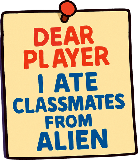 A note that says dear player 
I ate classmates from alien.
In-Game asset.  High contrast.  No shadows