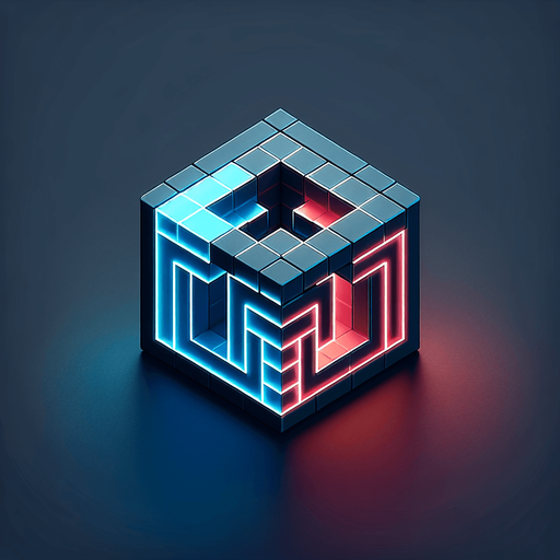 A square app store icon with rounded edges, designed for a Cube Cracking app. The icon features an isometric Rubik's cube in the center, with one side glowing in simple neon blue lines, inspired by Tron, and the opposite side subtly tinted red, with minimal cracks to suggest corruption. The background is a clean gradient of dark grey to black, with a faint glow emanating from the cube's edges. The design remains sleek and minimal, focusing on the contrast between the orderly blue side and the corrupted red side.
Single Game Texture. In-Game asset. 2d. Blank background. High contrast. No shadows.