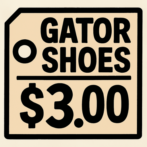 Price tag that says Gator shoes $3.00.
In-Game asset.  2d.  High contrast.  No shadows