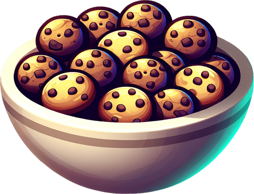 a bowl of cookies.
Single Game Texture. In-Game asset. 2d. Blank background. High contrast. No shadows.