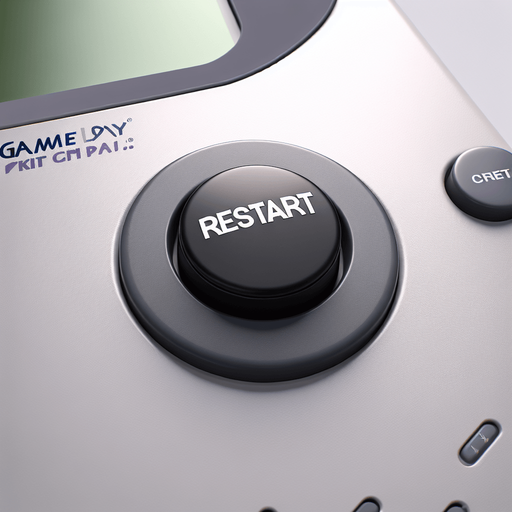 photorealistic black colored round button with restart text on grey gameboy, front view