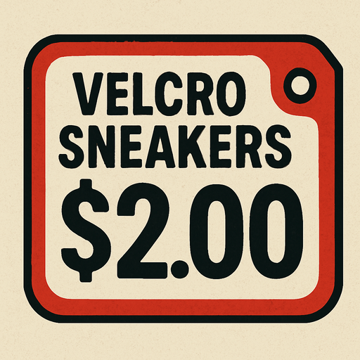Price tag that says Velcro sneakers $2.00.
In-Game asset.  2d.  High contrast.  No shadows