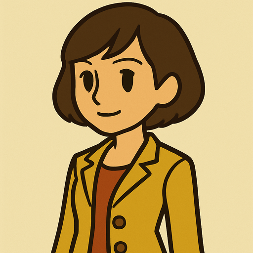 18yo girl with short brown hair professor Layton game style.
In-Game asset.  2d.  High contrast.  No shadows