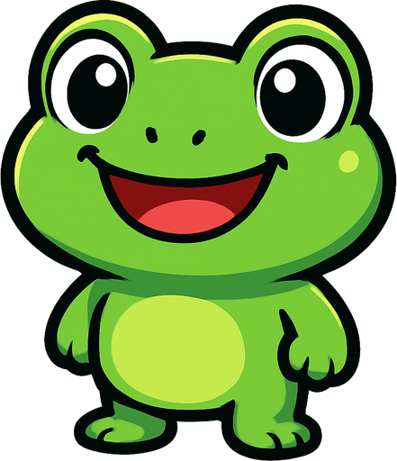 “A cute cartoon-style frog character for a mobile game. Bright green skin, big round eyes, wide smiling mouth, small chubby body, sitting or standing upright. Friendly and playful expression, simple colorful background. High-quality digital illustration, perfect for a fun kids game.”.
In-Game asset.  2d.  High contrast.  No shadows. cartoon style