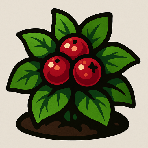 a berry bush with a phew yummy berries on it.
In-Game asset.  2d.  High contrast.  No shadows