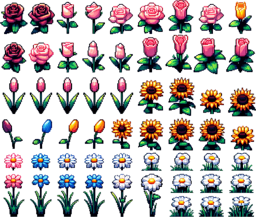 Sprite Sheet of flowers viewed from the top (zenith view).
Modern video game style