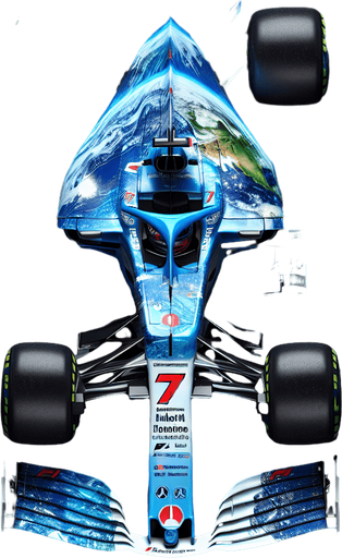 F1 race car. Glossy blue body painting and half covered with planet blue Earth. 
Blue front wing. 
myearthdream.com text on black rear wing. 7 number  on the nose of the car. Red Honda logo with White R logo on the nose of the car. Top view..
Single Game Texture. In-Game asset. 2d. Blank background. High contrast. No shadows.