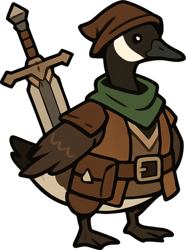 Canadian Goose in treasure hoarder outfit with claymore.
In-Game asset.  2d.  High contrast.  No shadows