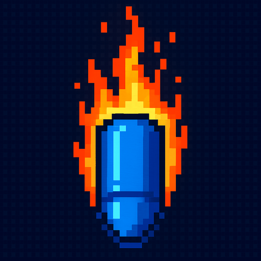 Draw a fiery bullet, blue, pixel 2d. Looks down.
In-Game asset.  2d.  High contrast.  No shadows