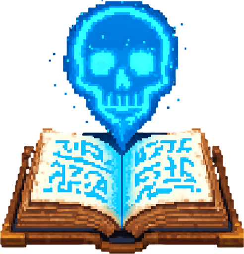 "2D pixel art of a glowing blue skull symbol emerging from an open magical spellbook. The spellbook has old, worn covers and glowing arcane runes on its pages. The skull symbol floats above the book, made of radiant blue magical energy, slightly transparent and softly glowingl. Style is classic 16-bit fantasy RPG pixel art. Transparent background.".
In-Game asset.  2d.  High contrast.  No shadows.
In-Game asset.  2d.  High contrast.  No shadows