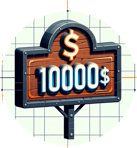 write 10000$ on a sign.
Single Game Texture. In-Game asset. 2d. Blank background. High contrast. No shadows.