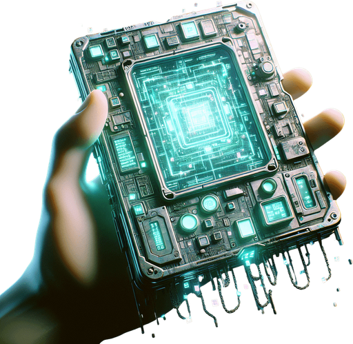 A POV perspective of a retro-futuristic handheld device, its screen glowing softly with greenish-blue digital patterns. The design features a blocky, cyberpunk aesthetic with subtle neon accents along the edges and small, glowing symbols etched into the surface.

Chains around the device are mid-shatter, breaking into faintly glowing fragments that drift away, symbolizing its freedom. The screen flickers with faint digital animations, hinting at its restored functionality without being overly complex. The hand holding the device is faintly lit by the neon glow, with the background melting into a dim, urban cyberpunk haze, emphasizing the sleek yet gritty retro-futuristic vibe..
Single Game Texture. In-Game asset. 2d. Blank background. High contrast. No shadows.