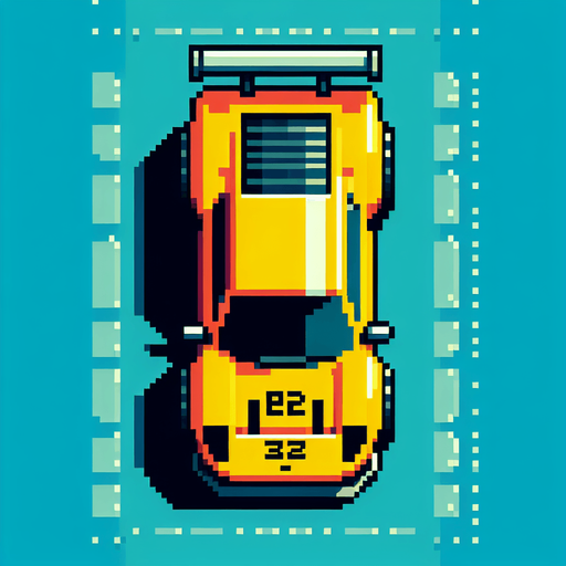Top-down view of a yellow racing car, pixel art style, 64x64, arcade-style graphics, sharp and fast-looking design".top down view
Single Game Texture.  In-Game asset.  2d.  Blank background.  High contrast.  No shadows