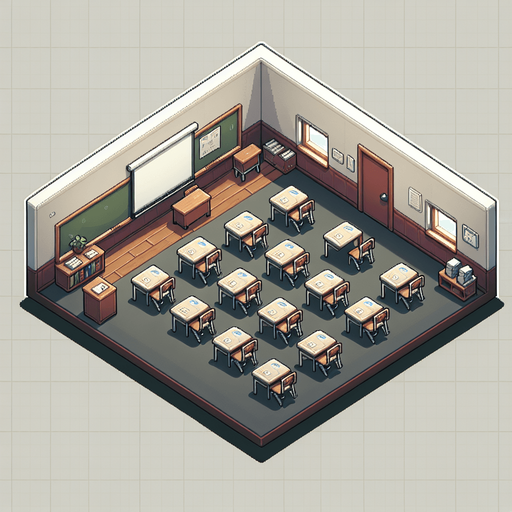 A school classroom from above.
Single Game Texture.  In-Game asset.  2d.  Blank background.  High contrast.  No shadows