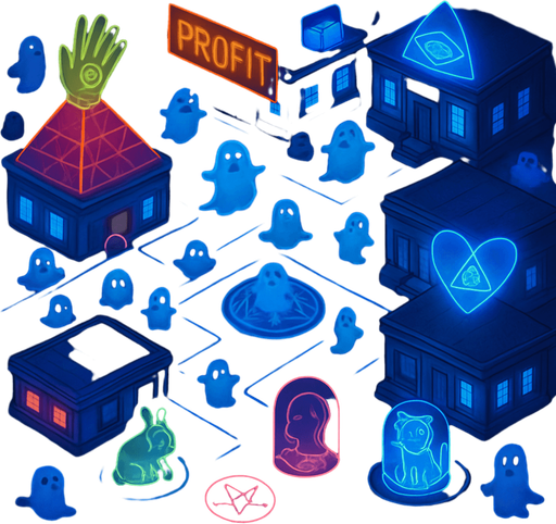 Top down isometric neon cyberpunk spooky ghost town street village town layout glowing holograms ghosts magic sigils kawaii animals