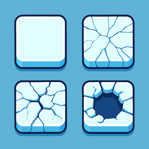 Generate a 2D sprite sheet arranged in a 2x2 grid, featuring a game tile of stylized arctic ice for a mobile game. The art style should be a clean vector illustration with flat colors and high contrast, suitable for a top-down, bird's-eye view. There should be no shadows.
The sprite sheet must show a clear, 4-stage progression of the same tile breaking:
Pristine Tile: A solid, unbroken square of thick ice. Mostly white and light blue.
Minor Cracks: The same tile, but now with thin, hairline fractures spiderwebbing across the surface.
Major Fractures: The cracks have widened into deep fissures, with small pieces of ice chipping away, revealing dark blue water underneath.
Nearly Shattered: A large hole has opened in the center of the tile, surrounded by a few unstable, floating fragments of the original ice. The tile is mostly dark water now..
In-Game asset.  2d.  High contrast.  No shadows