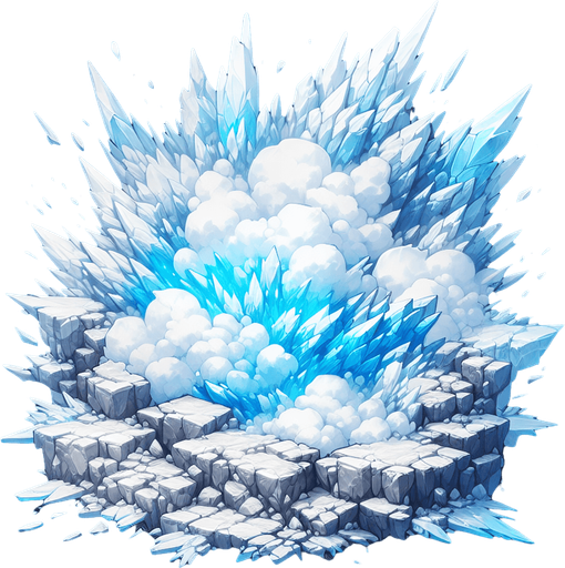 Ice explosion,rock, Light, blue & white..
Single Game Texture. In-Game asset. 2d. Blank background. High contrast. No shadows.